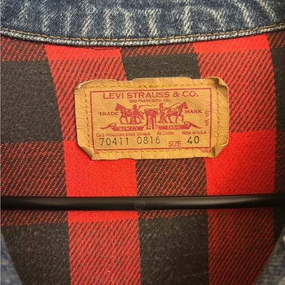 Vintage Levi’s 70411 Lined Denim Trucker Jacket Buffalo Plaid Type III Men’s 40 - Picture 6 of 7
